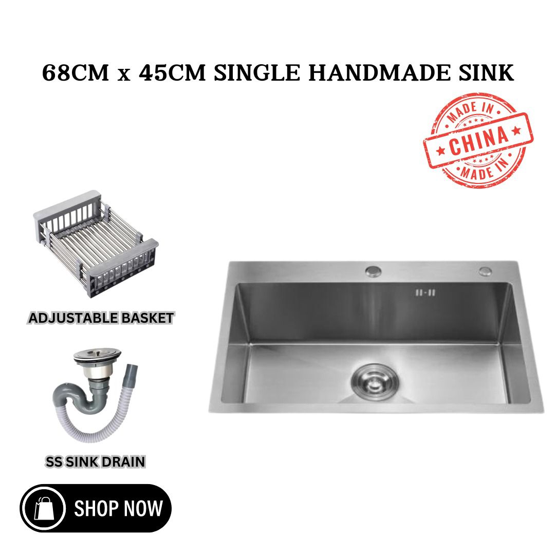 SINGLE HANDMADE KITCHEN SINK 68CM x 45CM