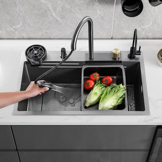 Multifunction Waterfall Kitchen Sink With In-build Pull-Down 3 Water Mode Faucet | 28x18 Nano Black All In One Stainless Steel Multifunctional Kitchen Sink