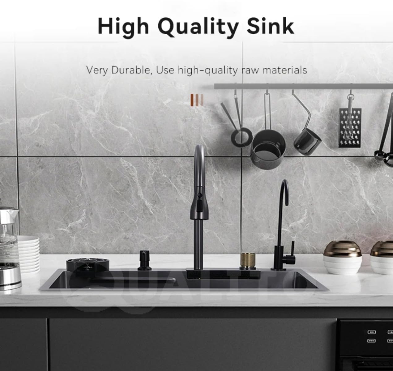 Multifunction Waterfall Kitchen Sink With In-build Pull-Down 3 Water Mode Faucet | 28x18 Nano Black All In One Stainless Steel Multifunctional Kitchen Sink