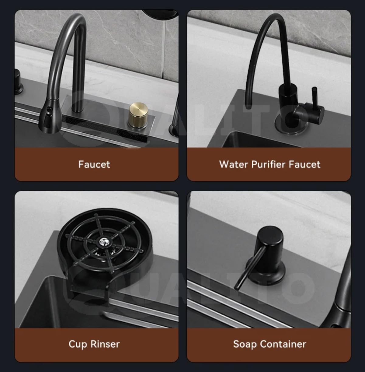 Multifunction Waterfall Kitchen Sink With In-build Pull-Down 3 Water Mode Faucet | 28x18 Nano Black All In One Stainless Steel Multifunctional Kitchen Sink